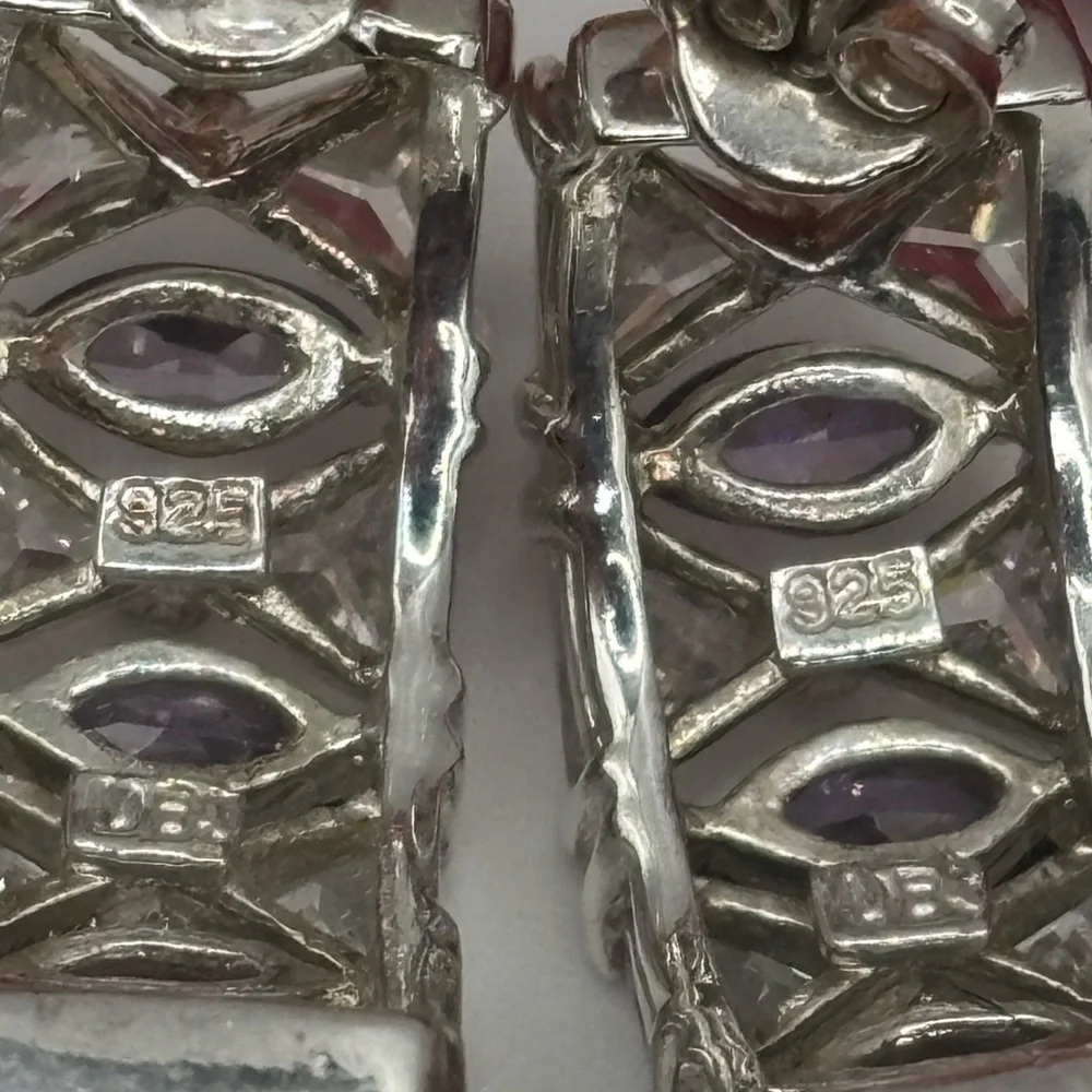 Diamond Silver Amethyst Huggie 
Hoop Earrings - Picture 5 of 9